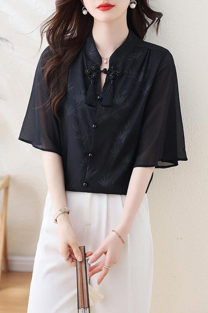 여름 여성 차이나카라 대나무패턴 5부 나팔소매 블라우스 루즈핏 태슬장식 블랙 - 상세 이미지 4