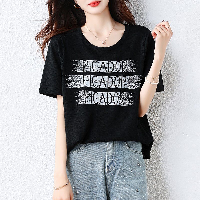 여름 여성 라운드넥 레터링 프린트 반팔 티셔츠 루즈핏 데일리룩 블랙 - 상품 이미지