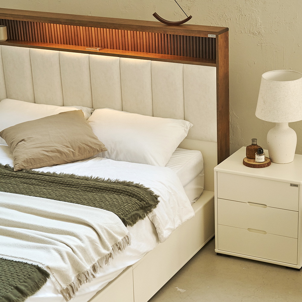 밀로 조명 원목 침대 프레임 신혼부부 LED 서랍형 베드 Q/K공용 국내생산