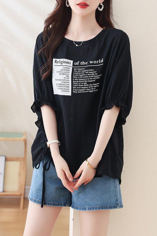 봄 여름 여성 빅사이즈 루즈핏 퍼프소매 사이드셔링 반팔티 블랙 - 상세 이미지 5