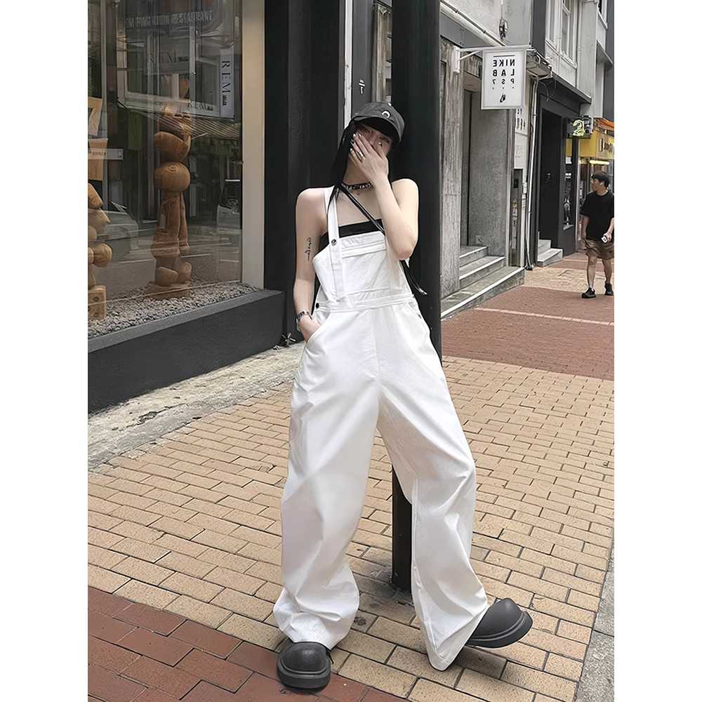 흰색멜빵바지 점프수트 와이드 코튼 멜빵바지 일자 - 상품 이미지
