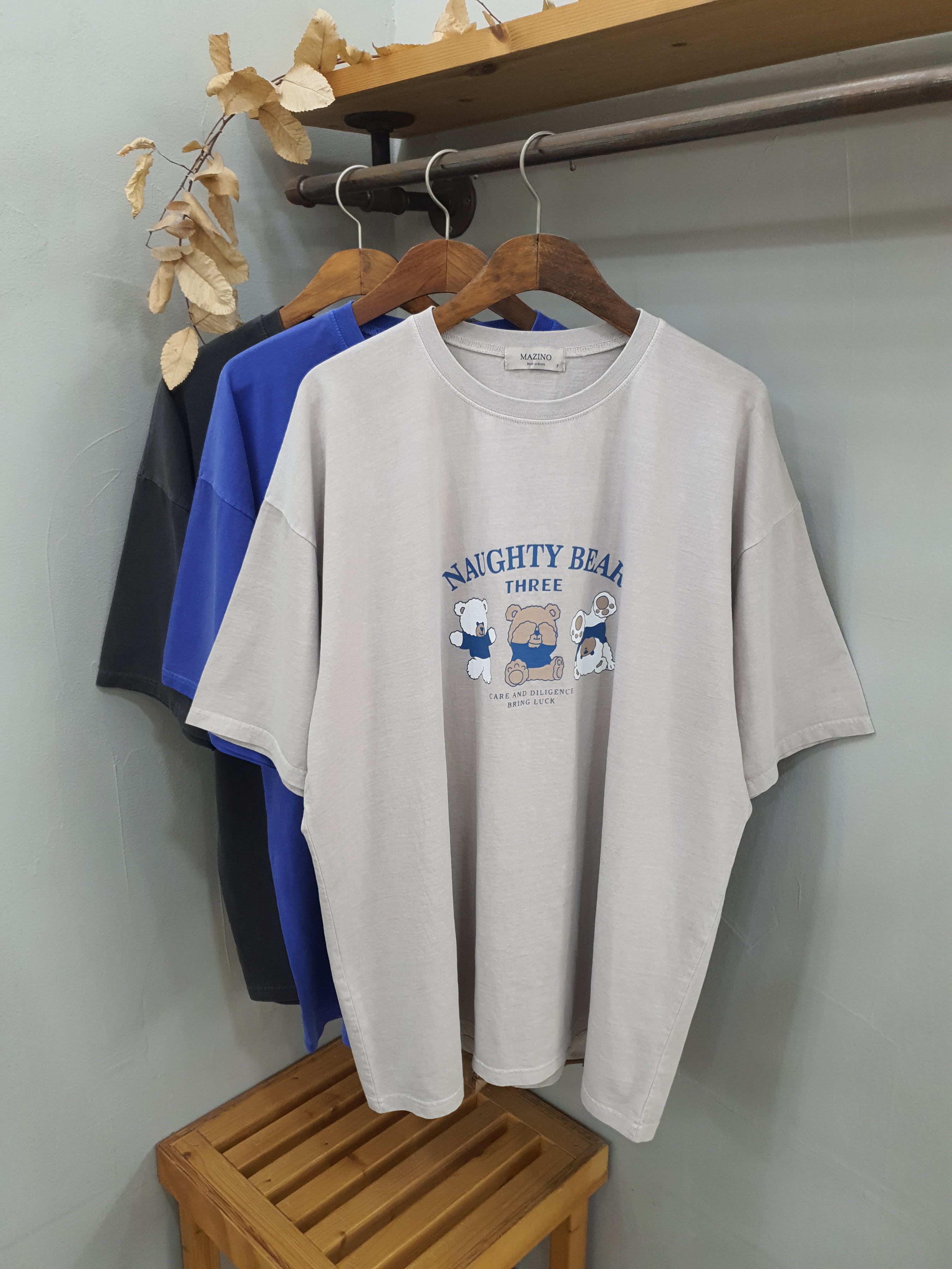 3컬러 유니섹스 피그먼트 워싱 베어 프린팅 빈티지 박스 반팔티셔츠 - 상품 이미지