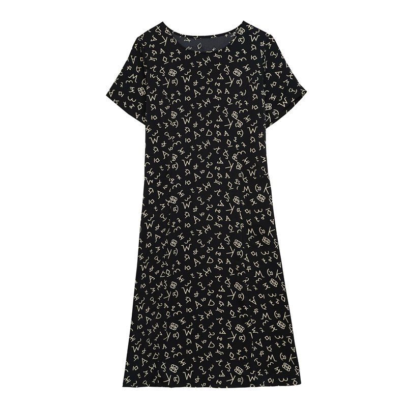 여름 여성 라운드넥 레터링 패턴 반팔 A라인 롱 원피스 데일리룩 빅사이즈 블랙 - 상세 이미지 5