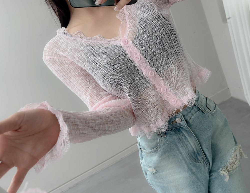 여리여리 레이스 버튼 시스루 가디건 브이넥 여름가디건 상세 이미지 80