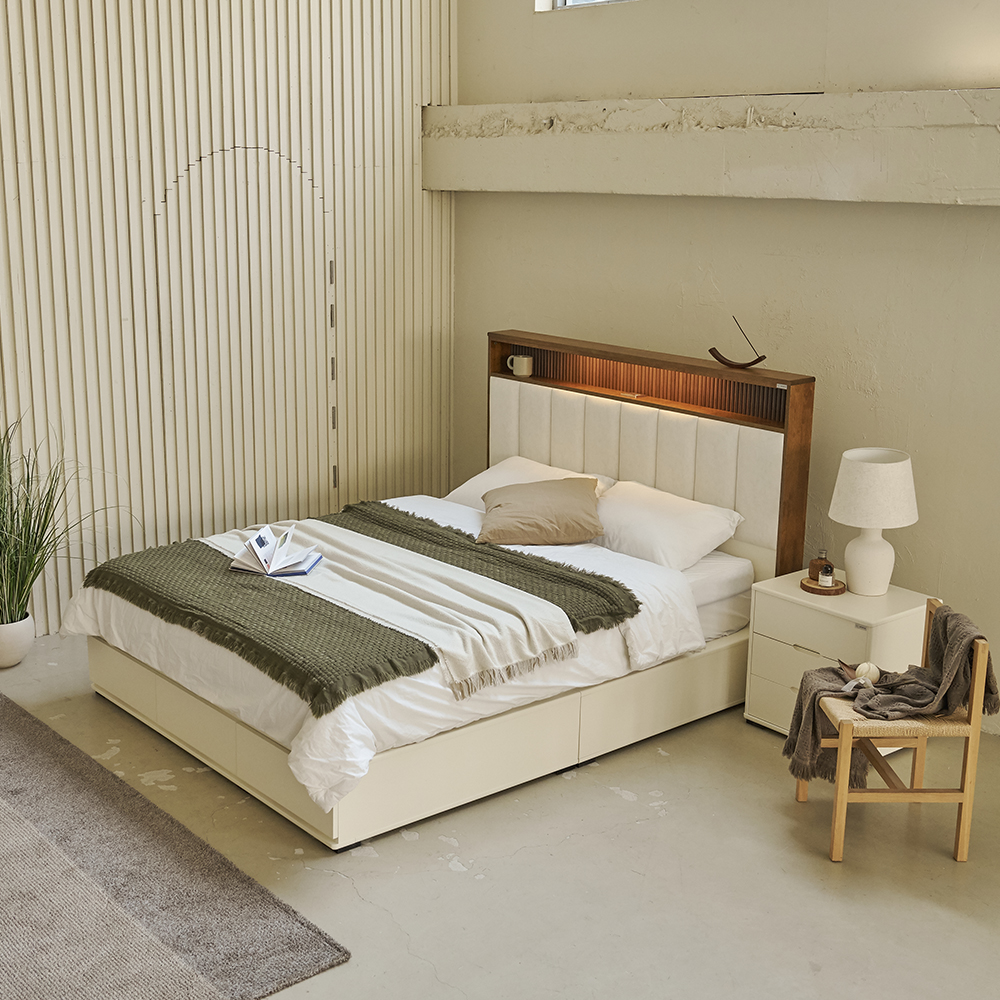 밀로 조명 원목 침대 프레임 신혼부부 LED 서랍형 베드 Q/K공용 국내생산