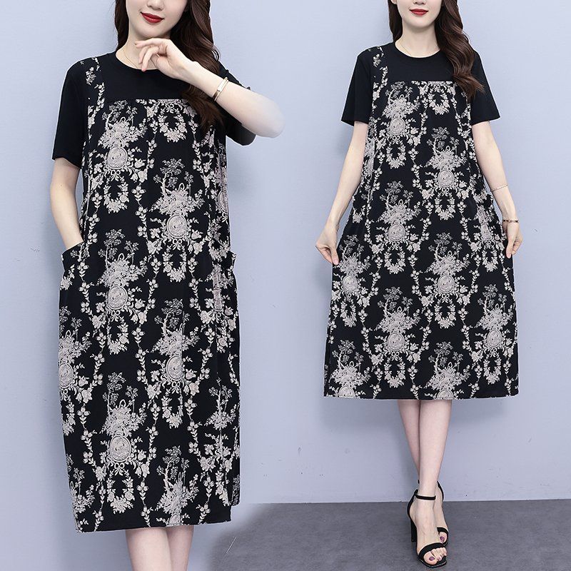 봄 여름 여성 빅사이즈 루즈핏 앤티크 프린트 레이어드 롱원피스 블랙 - 상품 이미지