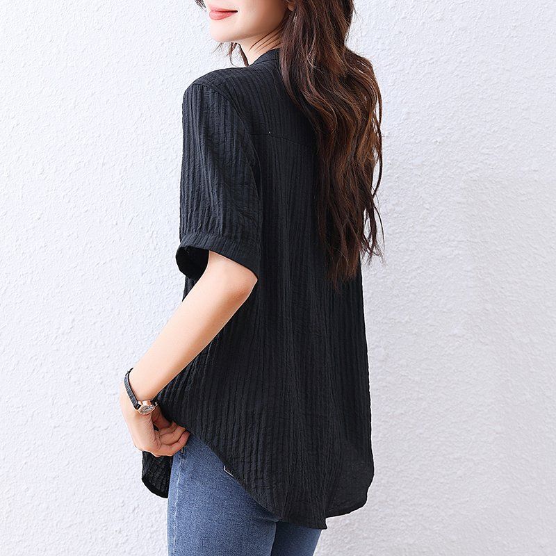 여름 여성 차이나카라 주름 텍스처 반팔 셔츠 루즈핏 데일리룩 빅사이즈 블랙 - 상세 이미지 3