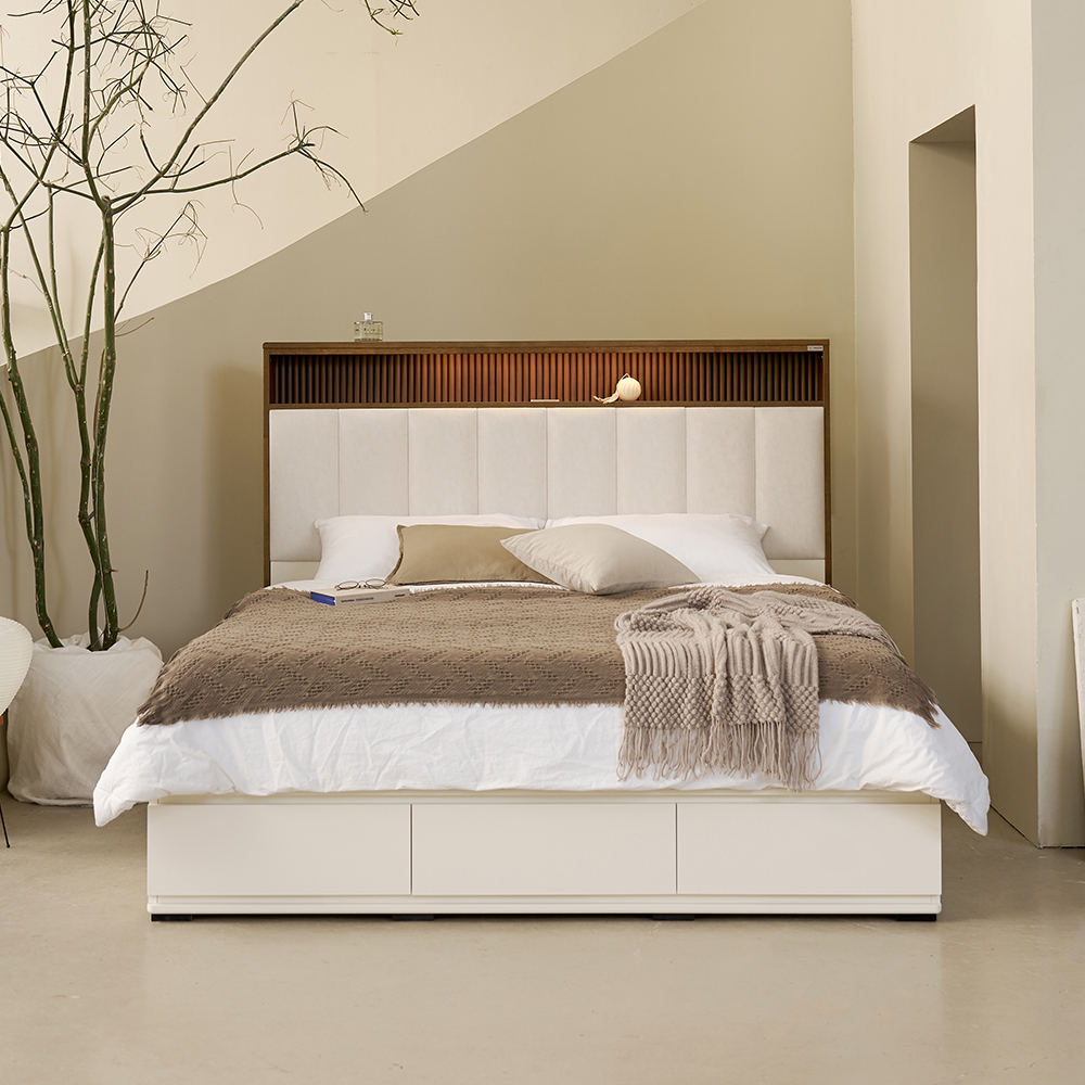 밀로 조명 원목 침대 프레임 신혼부부 LED 서랍형 베드 Q/K공용 국내생산