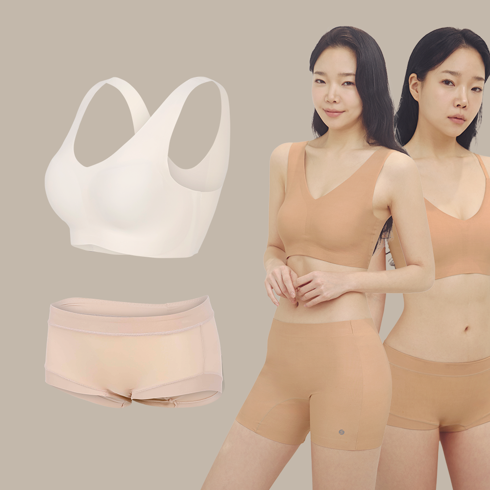 슬림9 심리스 편해브라 뉴베이직 네모팬티 숏 노와이어브라 여성브라 사각드로즈 1 SET - 상품 이미지