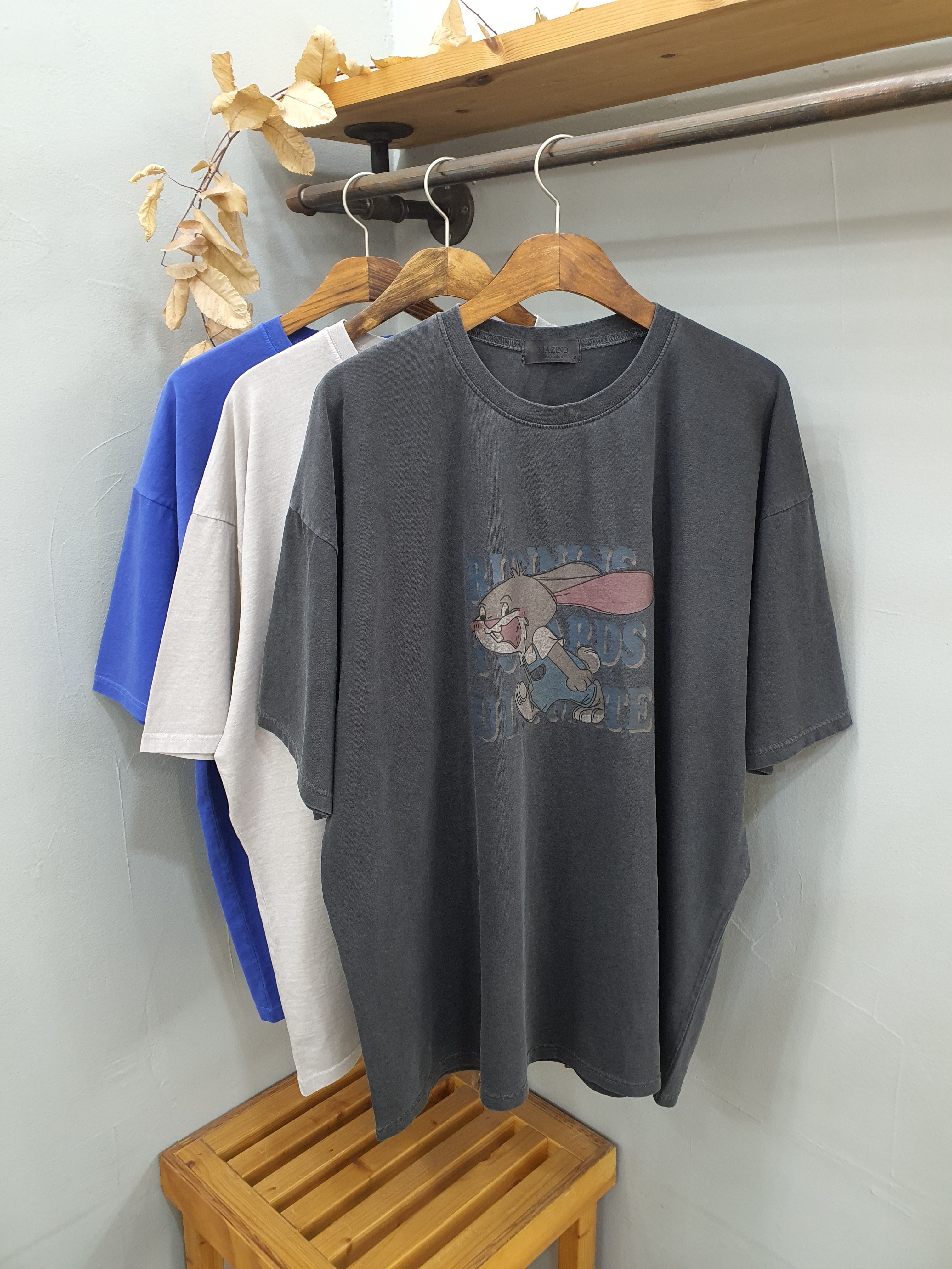 3컬러 유니섹스 피그먼트 워싱 레빗 프린팅 빈티지 박스 반팔티셔츠 - 상품 이미지