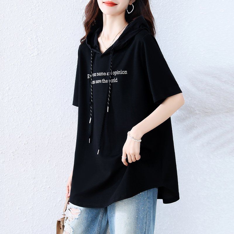 여름 여성 후드 레터링 자수 반팔 티셔츠 루즈핏 데일리룩 롱기장 빅사이즈 블랙 - 상세 이미지 3