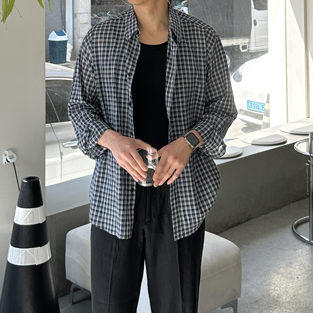 남자 셔츠 오버핏 린넨 여름 남방 남자 체크 셔츠