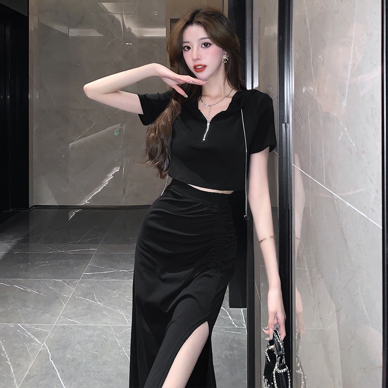 여름 후드 크롭 반팔 상의 트임 롱스커트 세트 그레이 S - 상세 이미지 4