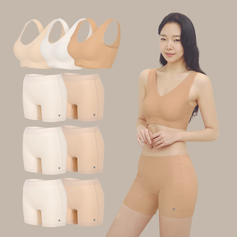 슬림9 심리스 편해브라 네모팬티 뉴베이직 노와이어브라 여성사각드로즈 3&6 SET - 상품 이미지