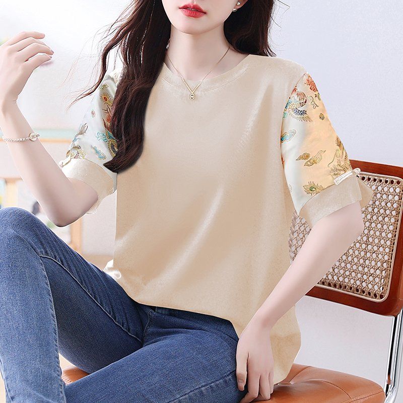 봄 여름 여성 빅사이즈 루즈핏 오리엔탈 자수패치 반팔 티셔츠 블랙 아이보리 - 상세 이미지 4