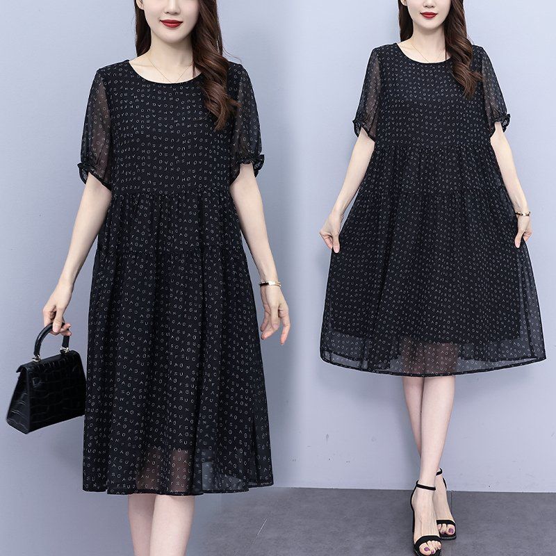 봄 여름 여성 빅사이즈 라운드넥 도트패턴 반팔원피스 쉬폰 미디기장 데일리룩 A라인
