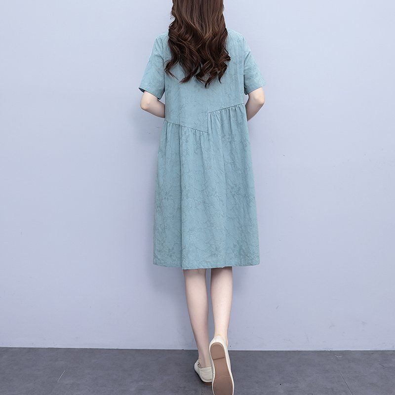 봄 여름 여성 빅사이즈 루즈핏 플라워 자카드 반팔 롱원피스 스카이블루 - 상세 이미지 4