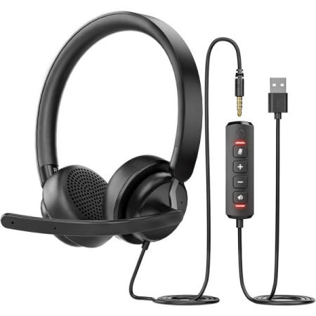 [해외]마이크가 있는 헤드셋, 마이크가 있는 USB 헤드셋, PC 노트북용 노이즈 캔슬링 마이크가 있는 컴퓨터 헤드셋, 라인 음소거 컨트롤, 재택근무용 유선 헤드셋 / 사무실 /