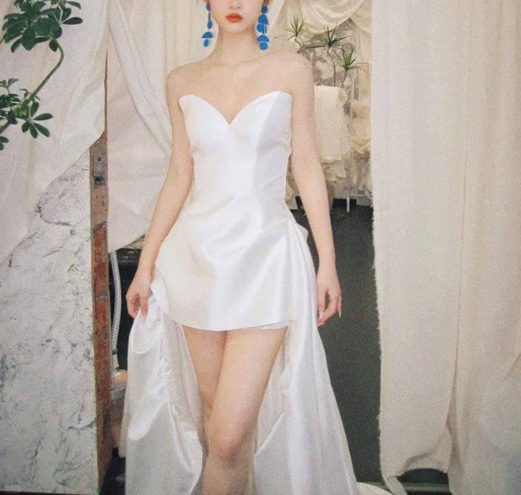 하이로우 새틴 미니 웨딩드레스 셀프웨딩 본식 브라이덜샤워룩 - 상세 이미지 2