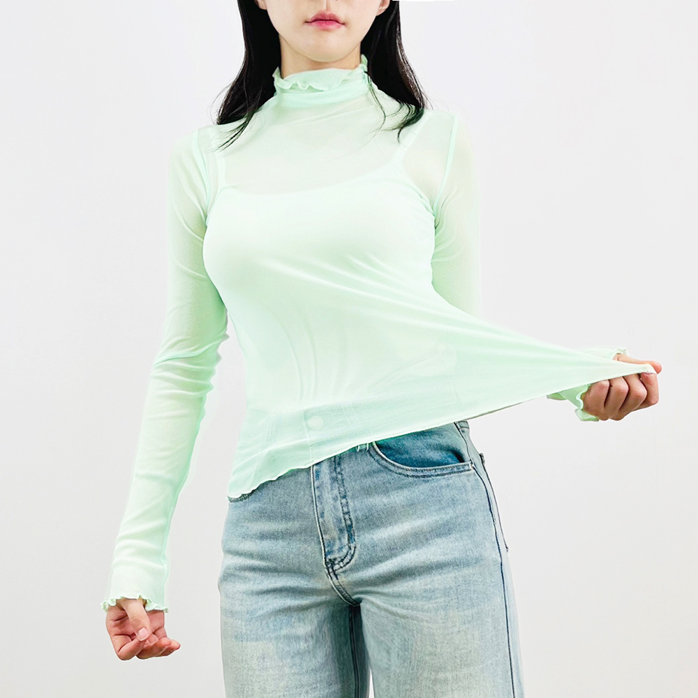 [14color]하늘하늘 시스루 프릴 터틀넥 티 블랙 - 상세 이미지 2