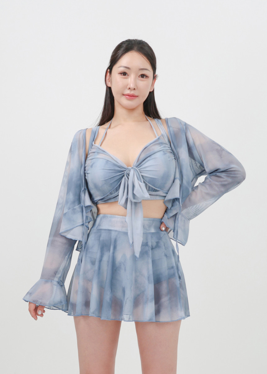 [XL-4XL/빅사이즈] 만다린 비키니 래쉬가드 체형커버 긴팔 셔링 수영복 + 커버업 4피스 세트 상세 이미지 8