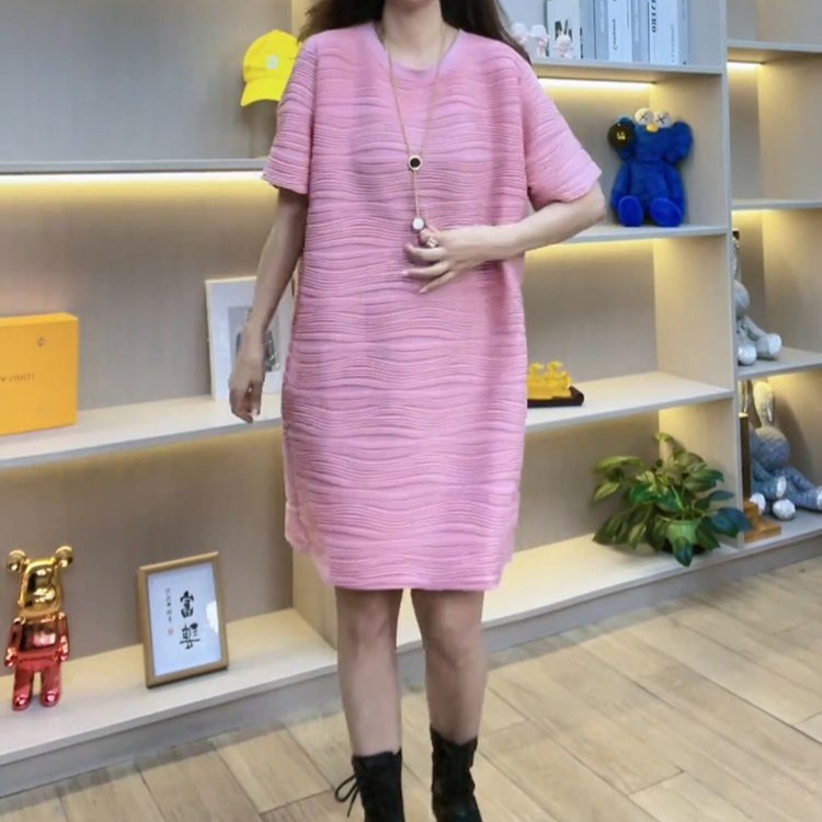 라운드넥 반팔 주름원피스 중간기장 빅사이즈 4XL까지 루즈핏 봄 여름 오피스륵 핑크 그린 - 상세 이미지 4