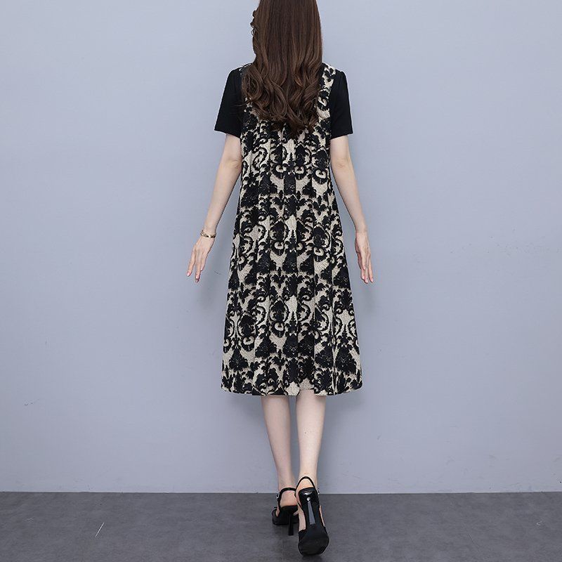 봄 여름 여성 빅사이즈 루즈핏 바로크패턴 페이크 레이어드 롱원피스 블랙 - 상세 이미지 4