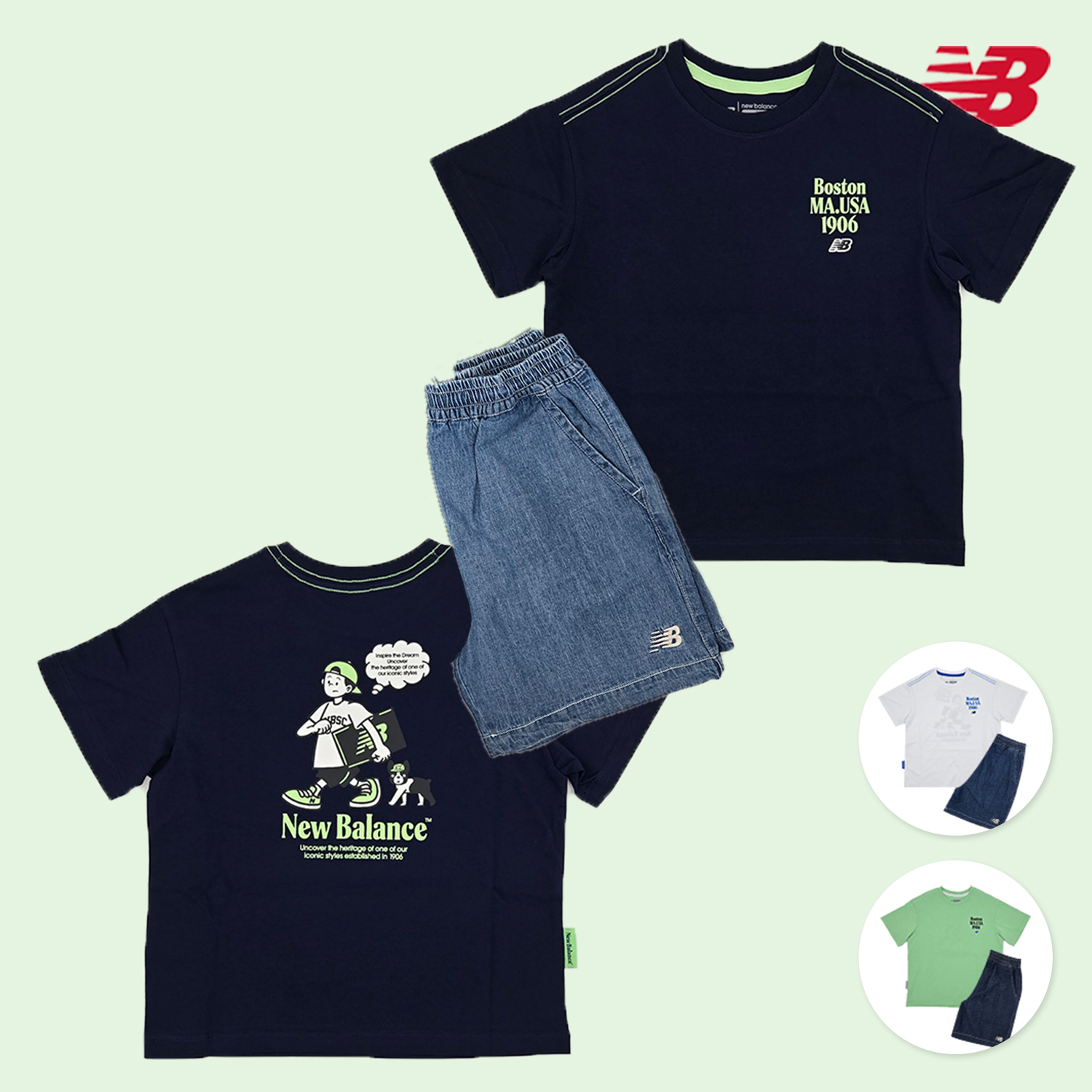뉴발란스 키즈 일러스트 데님 여아 남아 여름 상하의세트 유아 아동 셋업 3컬러