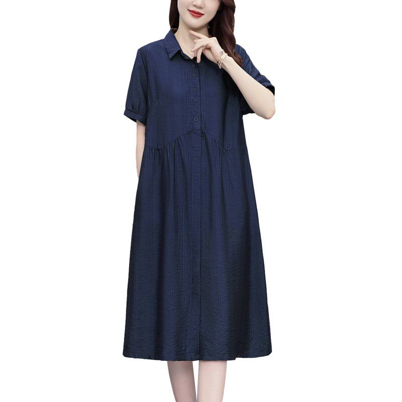 봄 여름 여성 빅사이즈 루즈핏 카라 핀턱 셔츠 롱원피스 네이비 모카 - 상세 이미지 4