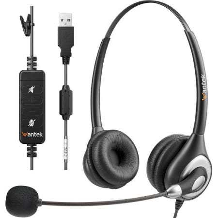 [해외]마이크 노이즈 캔슬링 및 인라인 컨트롤이 포함된 Wantek 유선 USB 헤드셋, 노트북 PC Skype Zoom Webinar 교실 홈 오피스 비즈니스용 컴퓨터 헤드폰,