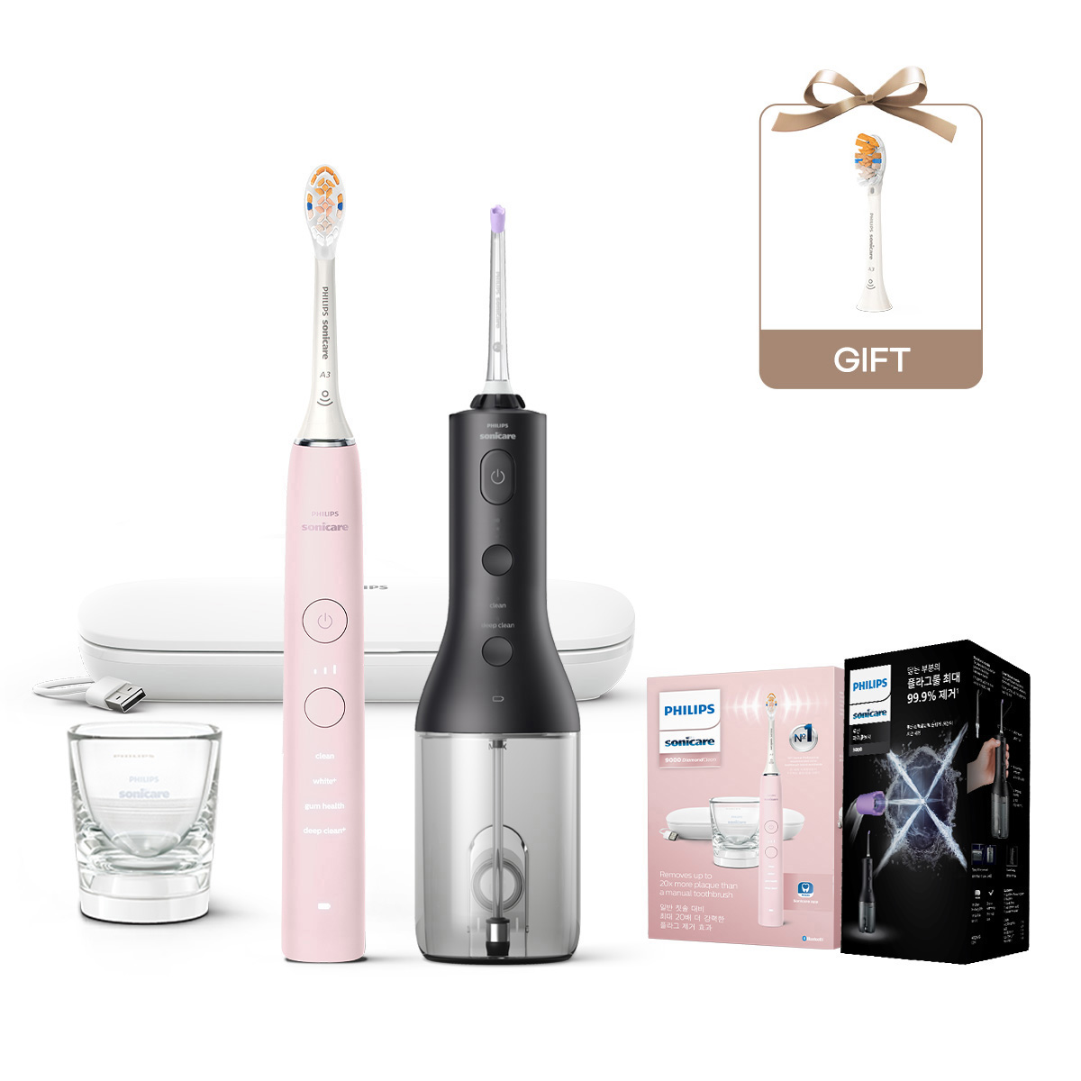 필립스 소닉케어 전동칫솔 구강세정기 세트 다이아몬드클린 9000 핑크/블랙