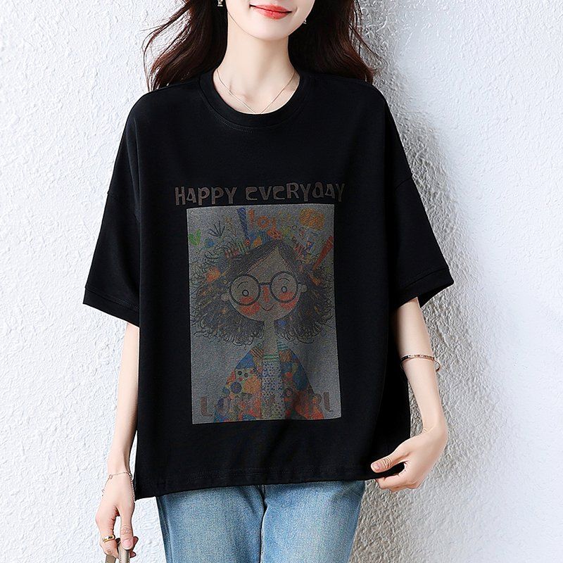 봄 여름 여성 빅사이즈 루즈핏 캐릭터 레터링 밑단스트링 반팔 티셔츠 블랙 - 상품 이미지