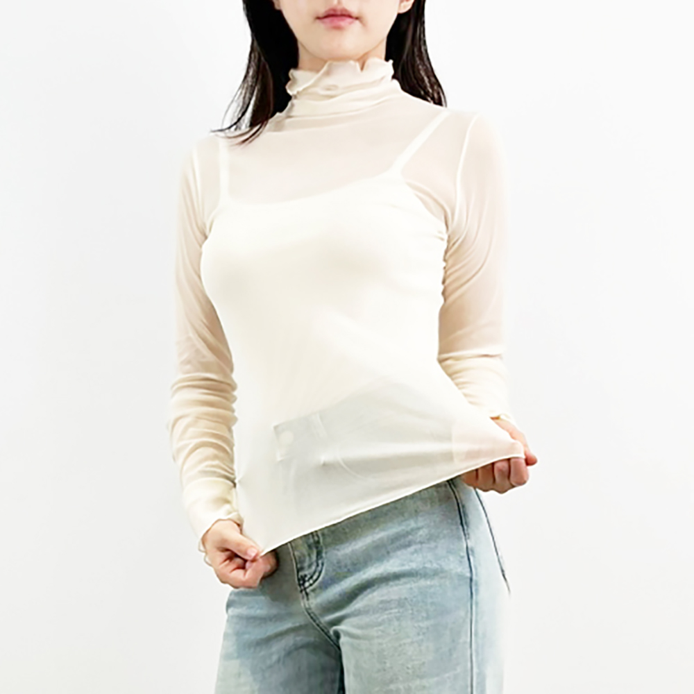 [14color]하늘하늘 시스루 프릴 터틀넥 티 블랙 - 상세 이미지 5