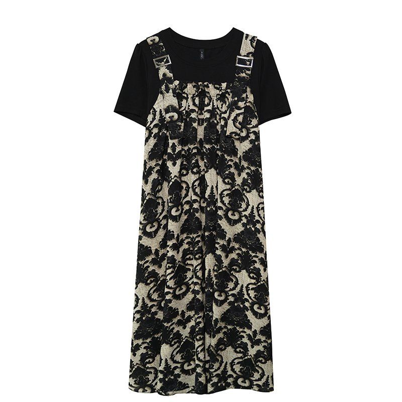 봄 여름 여성 빅사이즈 루즈핏 바로크패턴 페이크 레이어드 롱원피스 블랙 - 상세 이미지 5