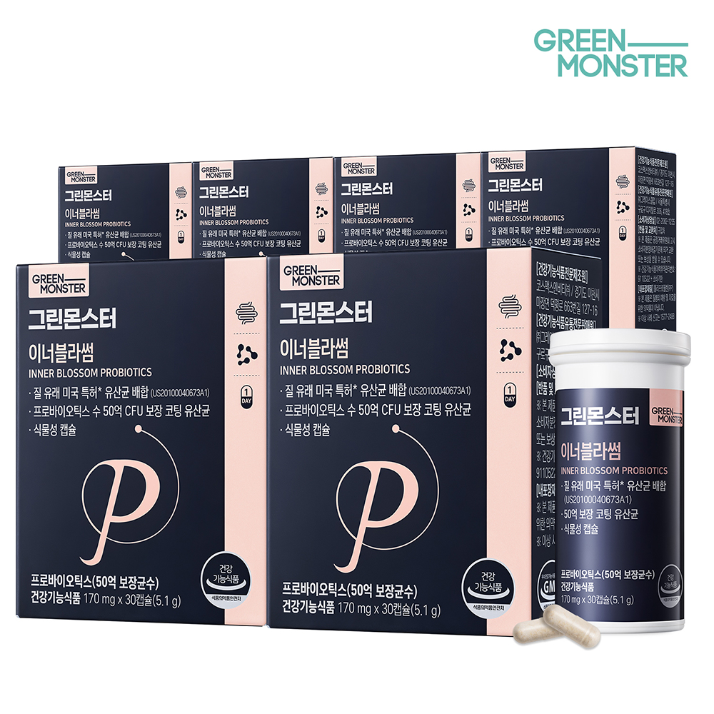[50억 여성 질 유래 유산균] 그린몬스터 이너블라썸 30캡슐, 6개