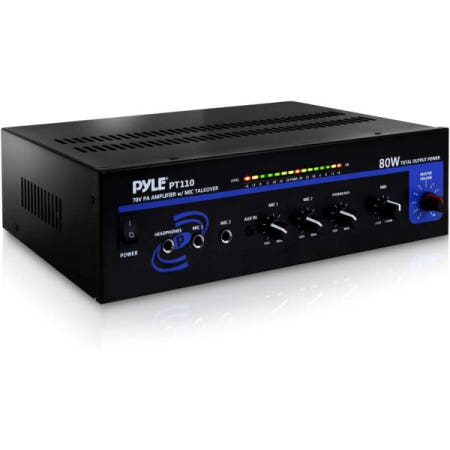 [해외]Pyle 80W 컴팩트 PA 모노 앰프 - 2 마이크 입력/RCA/AUX/헤드폰 잭이 있는 전문가용 미니 오디오 수신기 Bluetooth 5.0 독립 볼륨 제어 공용 주소
