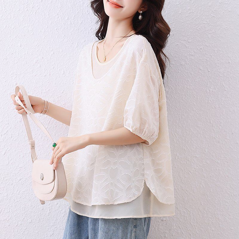 봄 여름 여성 빅사이즈 루즈핏 자카드 레이어드룩 반팔 블라우스 아이보리 - 상세 이미지 3