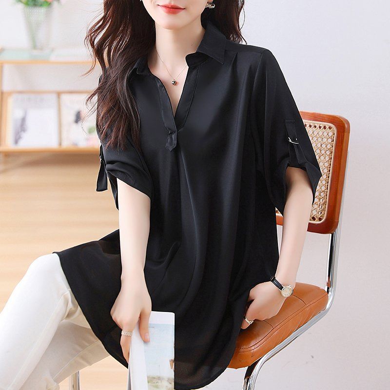 봄 여름 여성 빅사이즈 루즈핏 롤업소매 언발란스 롱 블라우스 블랙 - 상세 이미지 4