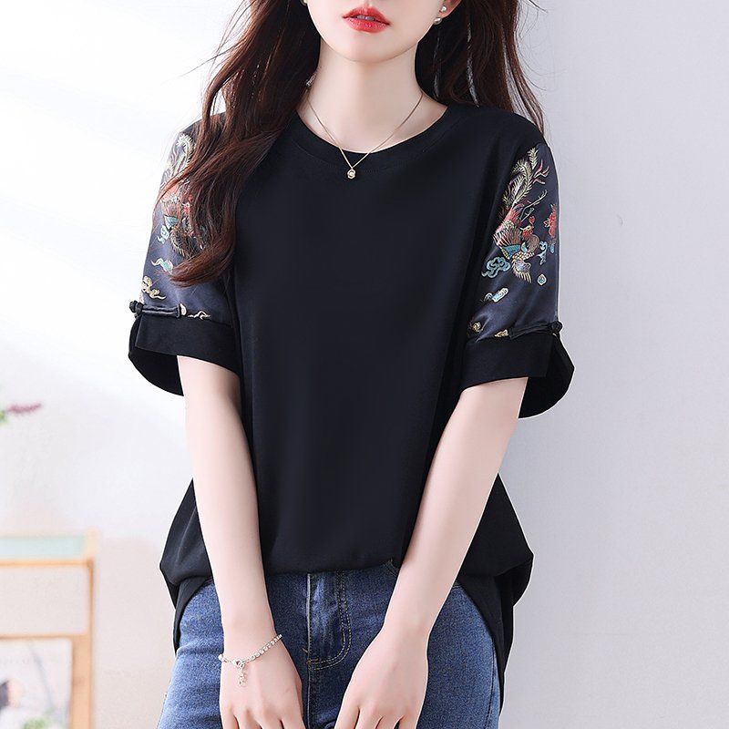 봄 여름 여성 빅사이즈 루즈핏 오리엔탈 자수패치 반팔 티셔츠 블랙 아이보리 - 상세 이미지 2