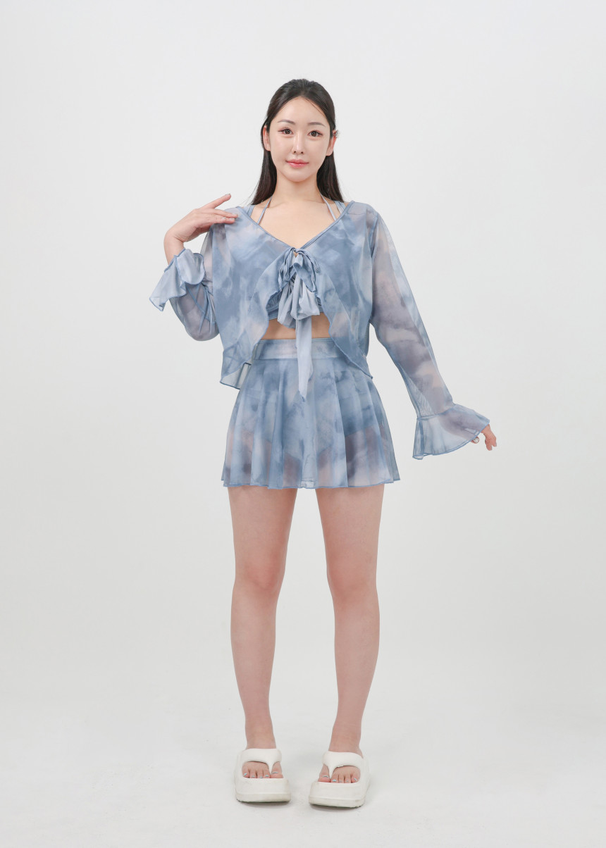 [XL-4XL/빅사이즈] 만다린 비키니 래쉬가드 체형커버 긴팔 셔링 수영복 + 커버업 4피스 세트 상세 이미지 6