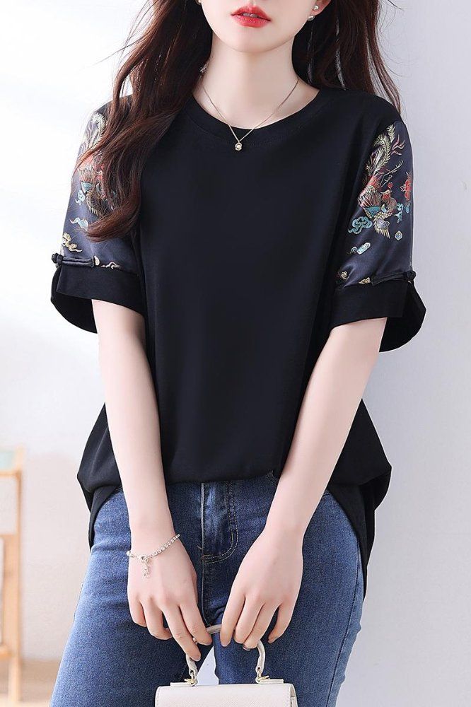 봄 여름 여성 빅사이즈 루즈핏 오리엔탈 자수패치 반팔 티셔츠 블랙 아이보리 - 상세 이미지 5