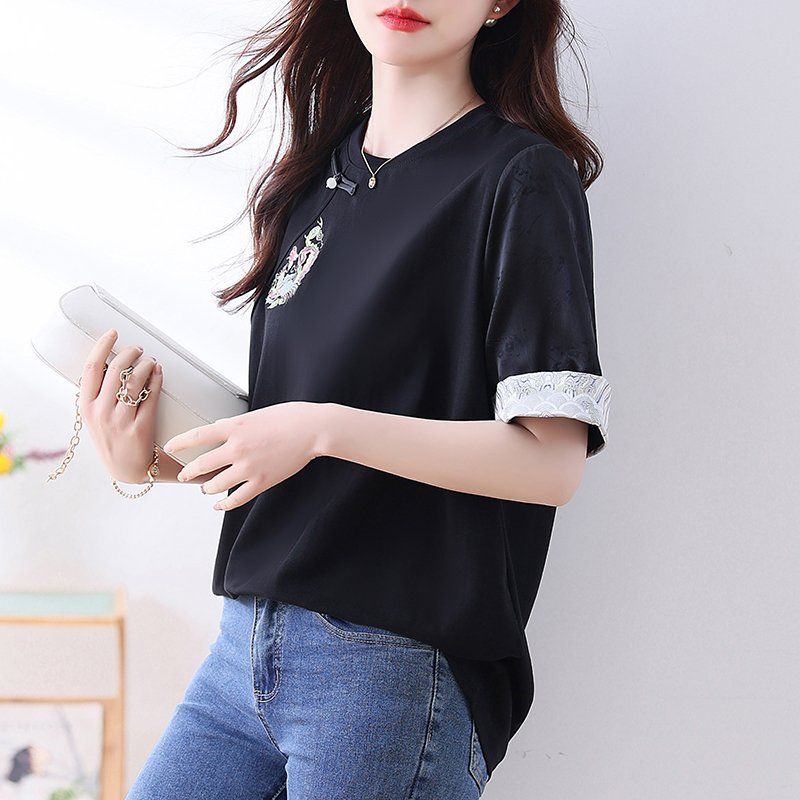 봄 여름 여성 빅사이즈 루즈핏 오리엔탈 봉황자수 반팔 티셔츠 블랙 - 상세 이미지 4