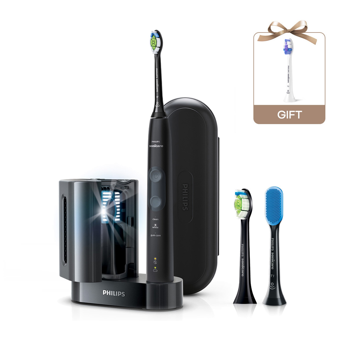 필립스 소닉케어 전동칫솔 프로텍티브 클린 5100 블랙 UV에디션 HX6462/01+미세 칫솔모 1P