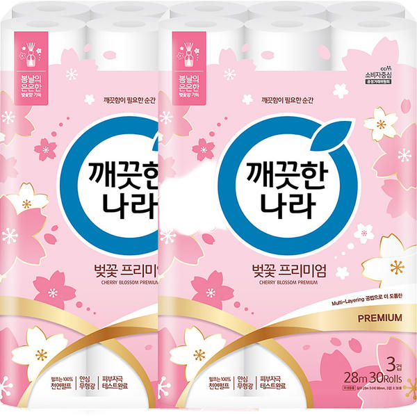 깨끗한나라 벚꽃 프리미엄 3겹 화장지 28m 30롤 2팩 60롤 : 라운엘