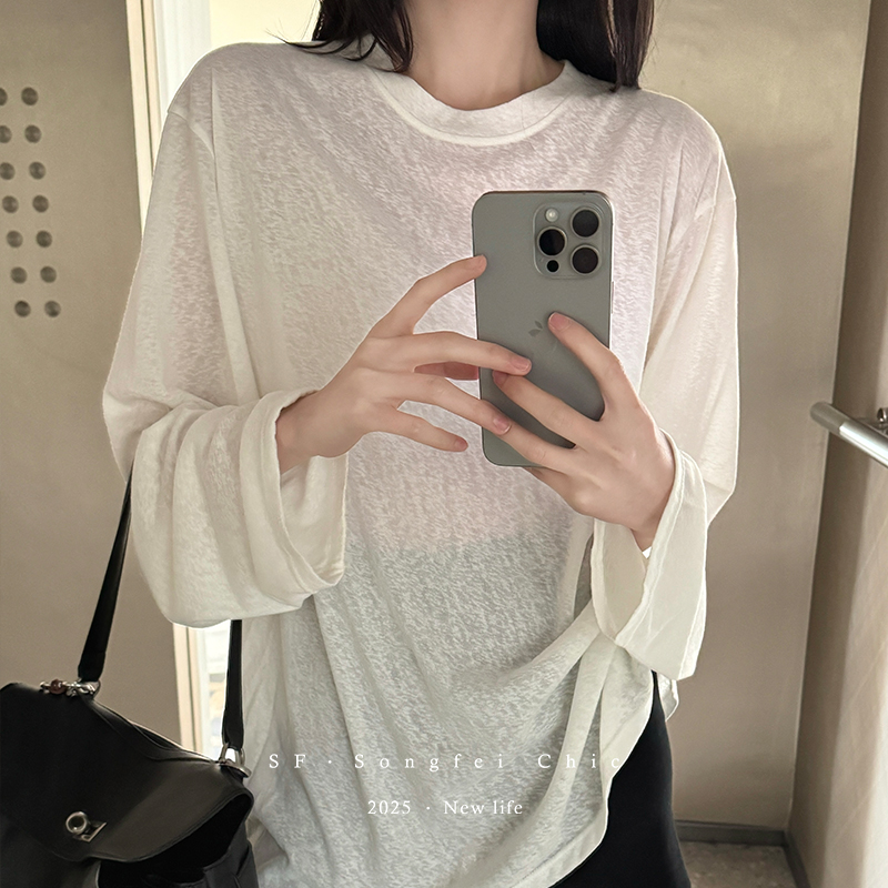 여름 오버핏 얇은 시스루 긴팔티셔츠 레이어드 이너 롱티 - 메인 이미지