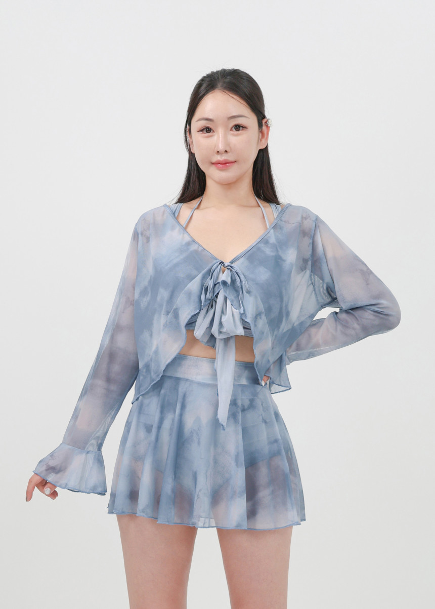 [XL-4XL/빅사이즈] 만다린 비키니 래쉬가드 체형커버 긴팔 셔링 수영복 + 커버업 4피스 세트 상세 이미지 4
