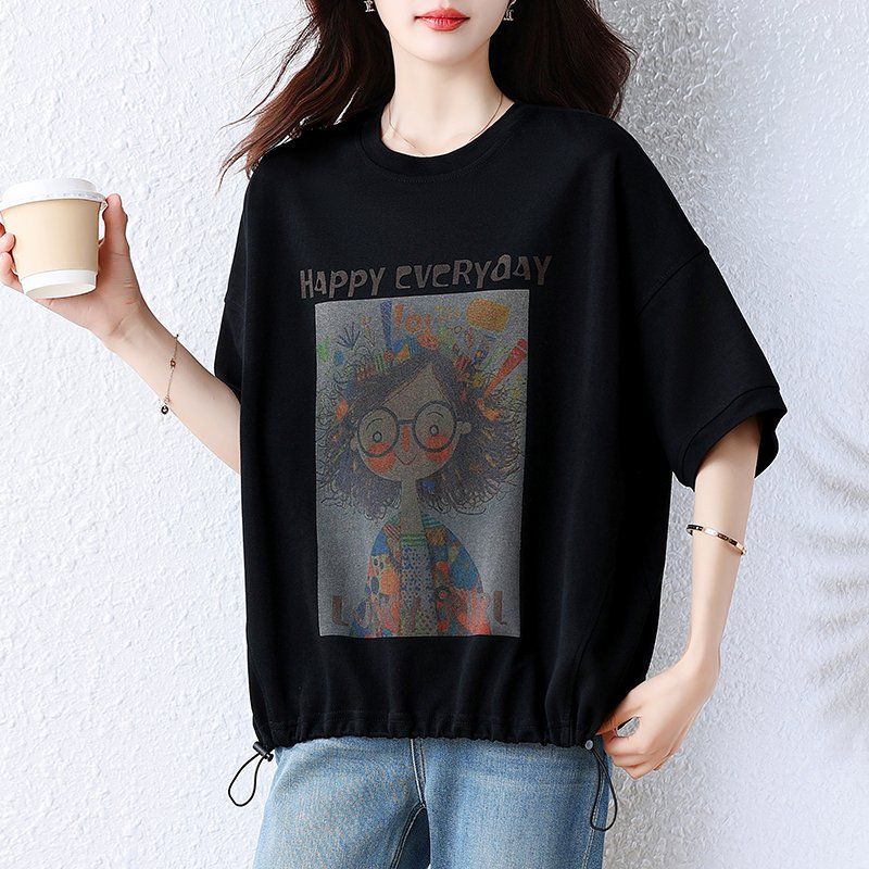 봄 여름 여성 빅사이즈 루즈핏 캐릭터 레터링 밑단스트링 반팔 티셔츠 블랙 - 상세 이미지 3