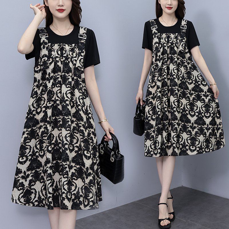 봄 여름 여성 빅사이즈 루즈핏 바로크패턴 페이크 레이어드 롱원피스 블랙 - 상품 이미지