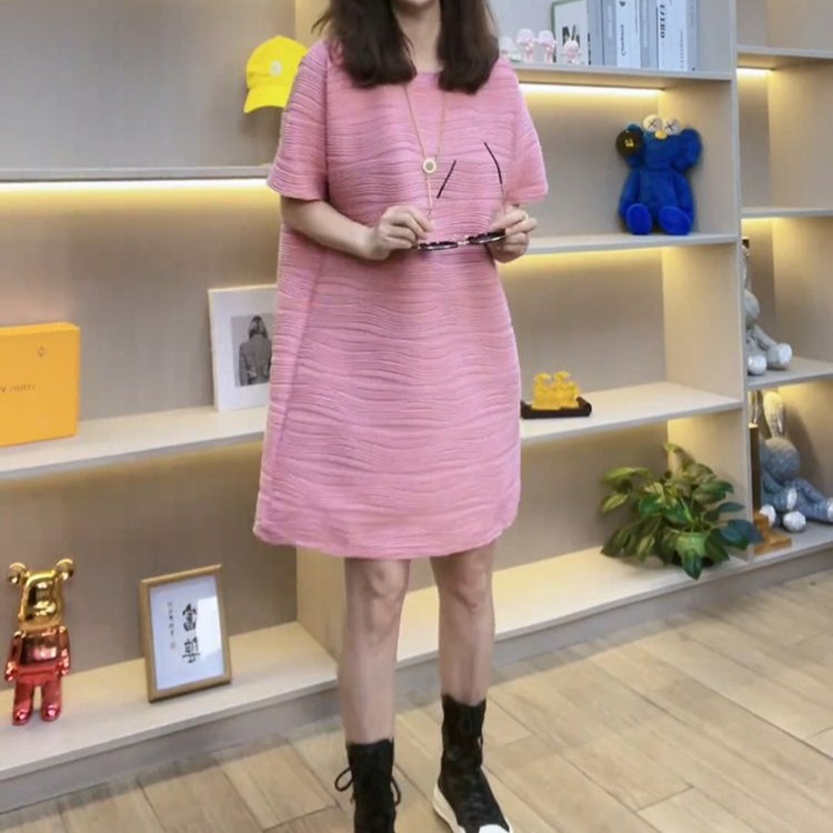 라운드넥 반팔 주름원피스 중간기장 빅사이즈 4XL까지 루즈핏 봄 여름 오피스륵 핑크 그린 - 상세 이미지 3