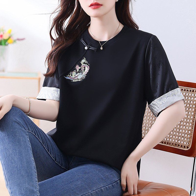 봄 여름 여성 빅사이즈 루즈핏 오리엔탈 봉황자수 반팔 티셔츠 블랙 - 상세 이미지 2